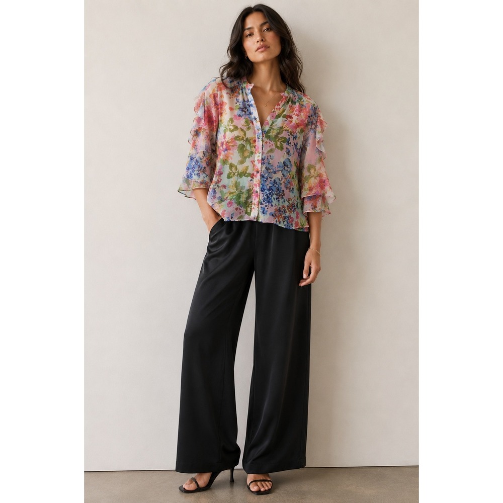 Zara Floral Print Ruffle Sleeve Sheer Button Front Blouse Pink Blue Green